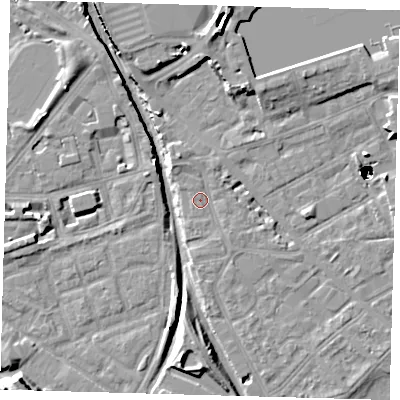 Shaded relief map of the ground around SE85AT, computed from Environment Agency LiDAR. The ground here sits at about 2 m above sea level and falls 51 m across the surrounding 800 m. Surface water reaching this point runs off ground lying to the north-north-west, 2.2 m higher.