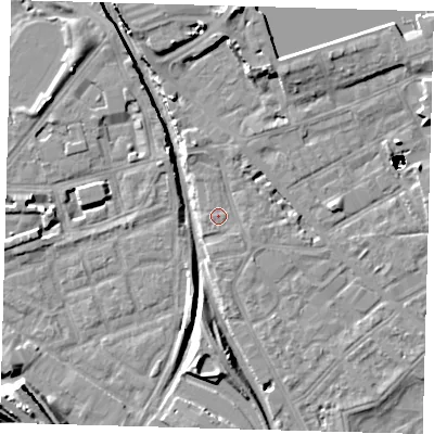Shaded relief map of the ground around SE85AU, computed from Environment Agency LiDAR. The ground here sits at about 2 m above sea level and falls 51 m across the surrounding 800 m. Surface water reaching this point runs off ground lying to the north-north-west, 3.0 m higher.
