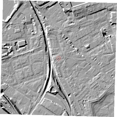 Shaded relief map of the ground around SE85AX, computed from Environment Agency LiDAR. The ground here sits at about 2 m above sea level and falls 51 m across the surrounding 800 m. Surface water reaching this point runs off ground lying to the east, 0.7 m higher.