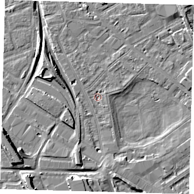 Shaded relief map of the ground around SE85AY, computed from Environment Agency LiDAR. The ground here sits at about 1 m above sea level and falls 11 m across the surrounding 800 m. Surface water reaching this point runs off ground lying to the east-north-east, 1.8 m higher.