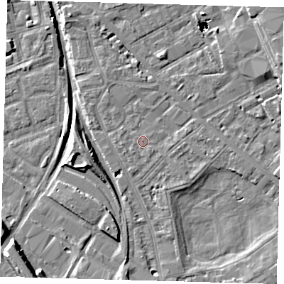 Shaded relief map of the ground around SE85BA, computed from Environment Agency LiDAR. The ground here sits at about 2 m above sea level and falls 48 m across the surrounding 800 m. Surface water reaching this point runs off ground lying to the east, 1.7 m higher.