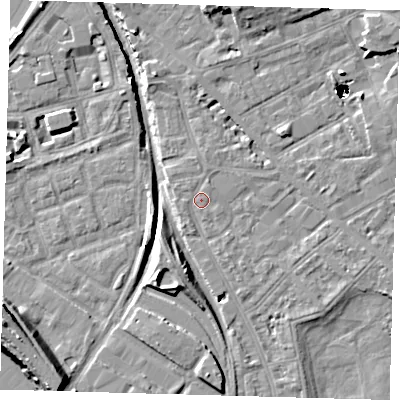 Shaded relief map of the ground around SE85BB, computed from Environment Agency LiDAR. The ground here sits at about 2 m above sea level and falls 50 m across the surrounding 800 m. Surface water reaching this point runs off ground lying to the north-north-east, 1.1 m higher.