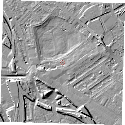 Shaded relief map of the ground around SE85BH, computed from Environment Agency LiDAR. The ground here sits at about 2 m above sea level and falls 11 m across the surrounding 800 m. Surface water reaching this point runs off ground lying to the east-north-east, 5.6 m higher.