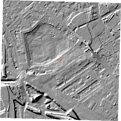 Shaded relief map of the ground around SE85BJ, computed from Environment Agency LiDAR. The ground here sits at about 2 m above sea level and falls 10 m across the surrounding 800 m. Surface water reaching this point runs off ground lying to the east-north-east, 4.5 m higher.
