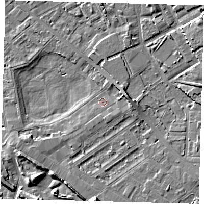 Shaded relief map of the ground around SE85BN, computed from Environment Agency LiDAR. The ground here sits at about 3 m above sea level and falls 10 m across the surrounding 800 m. Surface water reaching this point runs off ground lying to the east-north-east, 4.1 m higher.
