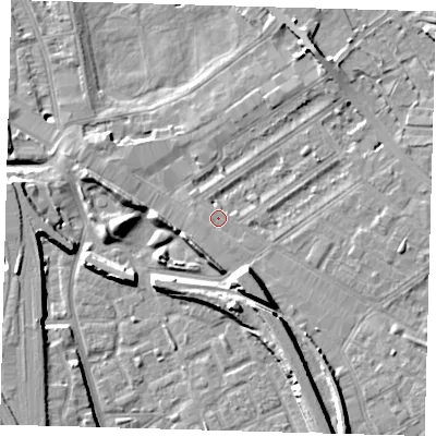 Shaded relief map of the ground around SE85BS, computed from Environment Agency LiDAR. The ground here sits at about 3 m above sea level and falls 10 m across the surrounding 800 m. Surface water reaching this point runs off ground lying to the east-north-east, 1.3 m higher.