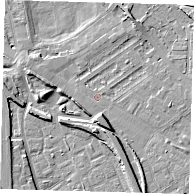 Shaded relief map of the ground around SE85BT, computed from Environment Agency LiDAR. The ground here sits at about 3 m above sea level and falls 10 m across the surrounding 800 m. Surface water reaching this point runs off ground lying to the south-south-east, 7.5 m higher.