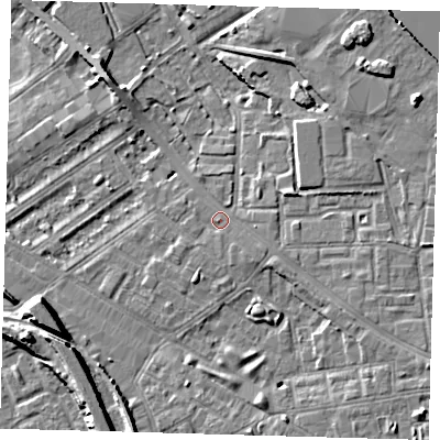 Shaded relief map of the ground around SE85BZ, computed from Environment Agency LiDAR. The ground here sits at about 4 m above sea level and falls 9 m across the surrounding 800 m. Surface water reaching this point runs off ground lying to the south-east, 1.1 m higher.