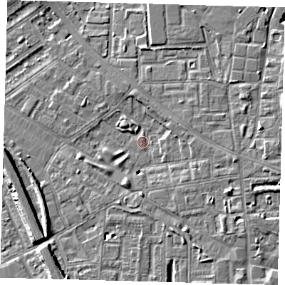 Shaded relief map of the ground around SE85DA, computed from Environment Agency LiDAR. The ground here sits at about 4 m above sea level and falls 8 m across the surrounding 800 m. Surface water reaching this point runs off ground lying to the east, 3.9 m higher.