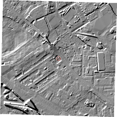 Shaded relief map of the ground around SE85DB, computed from Environment Agency LiDAR. The ground here sits at about 2 m above sea level and falls 10 m across the surrounding 800 m. Surface water reaching this point runs off ground lying to the north-north-west, 4.5 m higher.