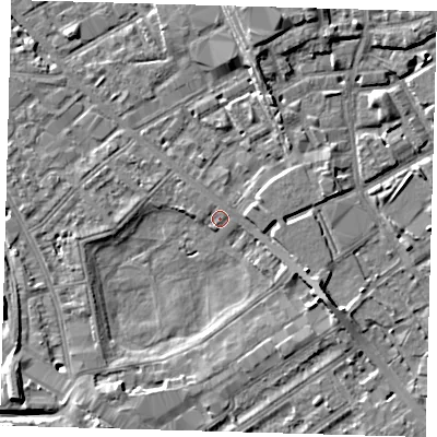 Shaded relief map of the ground around SE85DD, computed from Environment Agency LiDAR. The ground here sits at about 2 m above sea level and falls 8 m across the surrounding 800 m. Surface water reaching this point runs off ground lying to the west, 2.8 m higher.