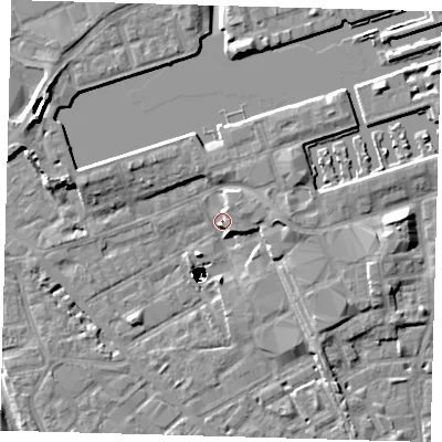 Shaded relief map of the ground around SE85DF, computed from Environment Agency LiDAR. The ground here sits at about 3 m above sea level and falls 48 m across the surrounding 800 m. Surface water reaching this point runs off ground lying to the east, 5.4 m higher.