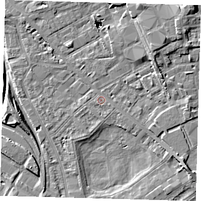 Shaded relief map of the ground around SE85DG, computed from Environment Agency LiDAR. The ground here sits at about 2 m above sea level and falls 46 m across the surrounding 800 m. Surface water reaching this point runs off ground lying to the west-south-west, 0.7 m higher.