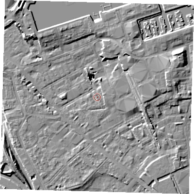 Shaded relief map of the ground around SE85DH, computed from Environment Agency LiDAR. The ground here sits at about 2 m above sea level and falls 48 m across the surrounding 800 m. Surface water reaching this point runs off ground lying to the east-south-east, 1.5 m higher.