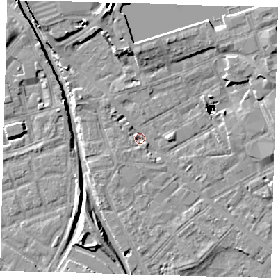 Shaded relief map of the ground around SE85DJ, computed from Environment Agency LiDAR. The ground here sits at about 1 m above sea level and falls 48 m across the surrounding 800 m. Surface water reaching this point runs off ground lying to the north, 1.4 m higher.