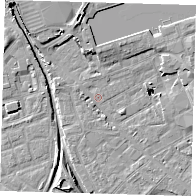 Shaded relief map of the ground around SE85DN, computed from Environment Agency LiDAR. The ground here sits at about 2 m above sea level and falls 48 m across the surrounding 800 m. Surface water reaching this point runs off ground lying to the north, 1.4 m higher.
