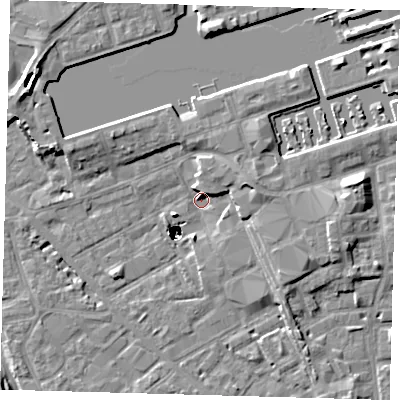 Shaded relief map of the ground around SE85DT, computed from Environment Agency LiDAR. The ground here sits at about 2 m above sea level and falls 48 m across the surrounding 800 m. Surface water reaching this point runs off ground lying to the east-north-east, 45.7 m higher.