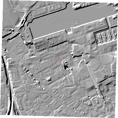 Shaded relief map of the ground around SE85DX, computed from Environment Agency LiDAR. The ground here sits at about 1 m above sea level and falls 48 m across the surrounding 800 m. Surface water reaching this point runs off ground lying to the north-north-west, 4.4 m higher.