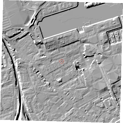 Shaded relief map of the ground around SE85EA, computed from Environment Agency LiDAR. The ground here sits at about 2 m above sea level and falls 48 m across the surrounding 800 m. Surface water reaching this point runs off ground lying to the west-north-west, 1.3 m higher.