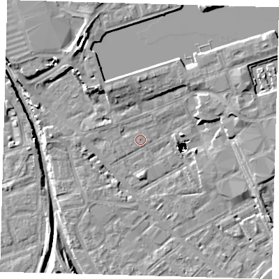 Shaded relief map of the ground around SE85EB, computed from Environment Agency LiDAR. The ground here sits at about 2 m above sea level and falls 48 m across the surrounding 800 m. Surface water reaching this point runs off ground lying to the west-north-west, 1.3 m higher.