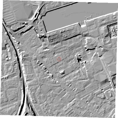 Shaded relief map of the ground around SE85ED, computed from Environment Agency LiDAR. The ground here sits at about 2 m above sea level and falls 48 m across the surrounding 800 m. Surface water reaching this point runs off ground lying to the north-west, 1.3 m higher.