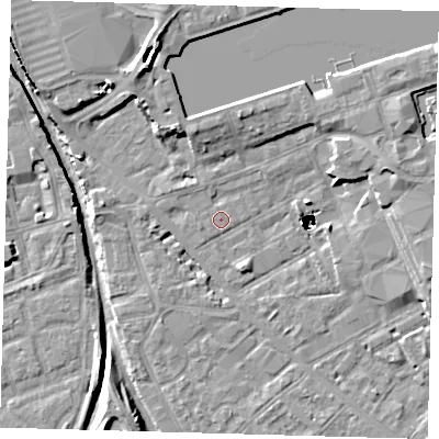 Shaded relief map of the ground around SE85EE, computed from Environment Agency LiDAR. The ground here sits at about 2 m above sea level and falls 48 m across the surrounding 800 m. Surface water reaching this point runs off ground lying to the north-west, 1.3 m higher.