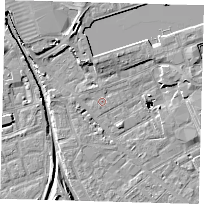 Shaded relief map of the ground around SE85EF, computed from Environment Agency LiDAR. The ground here sits at about 2 m above sea level and falls 48 m across the surrounding 800 m. Surface water reaching this point runs off ground lying to the north-north-west, 1.3 m higher.