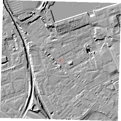 Shaded relief map of the ground around SE85EG, computed from Environment Agency LiDAR. The ground here sits at about 2 m above sea level and falls 48 m across the surrounding 800 m. Surface water reaching this point runs off ground lying to the north-north-west, 1.4 m higher.