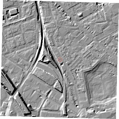 Shaded relief map of the ground around SE85EJ, computed from Environment Agency LiDAR. The ground here sits at about 2 m above sea level and falls 49 m across the surrounding 800 m. Surface water reaching this point runs off ground lying to the south, 7.3 m higher.