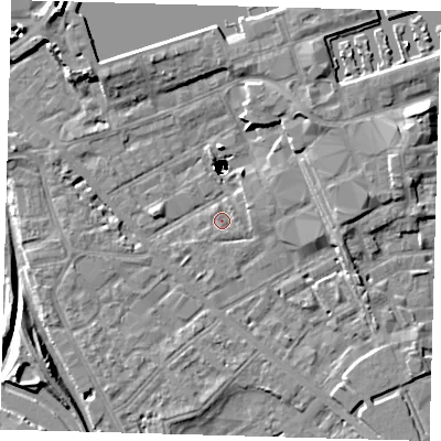 Shaded relief map of the ground around SE85EQ, computed from Environment Agency LiDAR. The ground here sits at about 2 m above sea level and falls 48 m across the surrounding 800 m. Surface water reaching this point runs off ground lying to the east-north-east, 2.0 m higher.