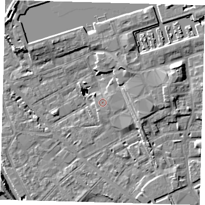 Shaded relief map of the ground around SE85ET, computed from Environment Agency LiDAR. The ground here sits at about 3 m above sea level and falls 48 m across the surrounding 800 m. Surface water reaching this point runs off ground lying to the south-south-west, 0.7 m higher.