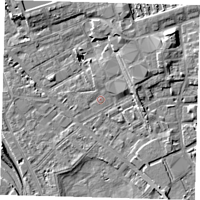 Shaded relief map of the ground around SE85EY, computed from Environment Agency LiDAR. The ground here sits at about 2 m above sea level and falls 47 m across the surrounding 800 m. Surface water reaching this point runs off ground lying to the east-north-east, 4.9 m higher.