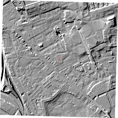 Shaded relief map of the ground around SE85EZ, computed from Environment Agency LiDAR. The ground here sits at about 2 m above sea level and falls 47 m across the surrounding 800 m. The ground contributing surface water to this point lies to the south-west.