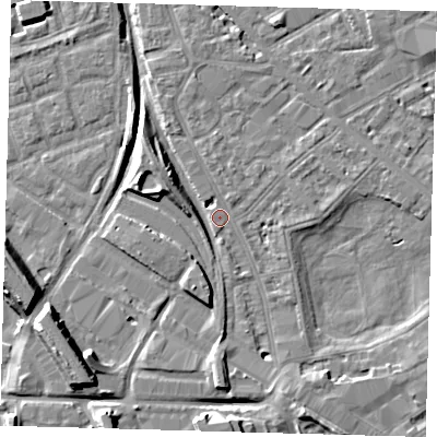 Shaded relief map of the ground around SE85FB, computed from Environment Agency LiDAR. The ground here sits at about 2 m above sea level and falls 11 m across the surrounding 800 m. Surface water reaching this point runs off ground lying to the south, 7.3 m higher.