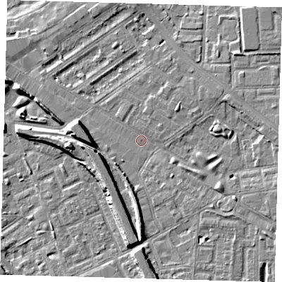 Shaded relief map of the ground around SE85FS, computed from Environment Agency LiDAR. The ground here sits at about 4 m above sea level and falls 10 m across the surrounding 800 m. Surface water reaching this point runs off ground lying to the west, 7.4 m higher.