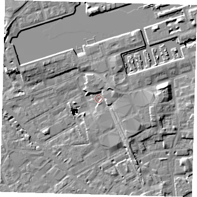 Shaded relief map of the ground around SE85FU, computed from Environment Agency LiDAR. The ground here sits at about 3 m above sea level and falls 48 m across the surrounding 800 m. Surface water reaching this point runs off ground lying to the east-north-east, 4.1 m higher.