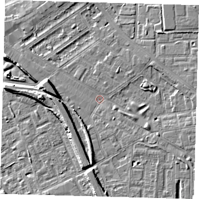 Shaded relief map of the ground around SE85FW, computed from Environment Agency LiDAR. The ground here sits at about 3 m above sea level and falls 9 m across the surrounding 800 m. Surface water reaching this point runs off ground lying to the south, 5.9 m higher.