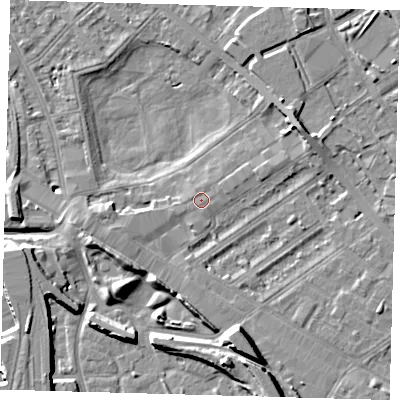 Shaded relief map of the ground around SE85HY, computed from Environment Agency LiDAR. The ground here sits at about 3 m above sea level and falls 10 m across the surrounding 800 m. Surface water reaching this point runs off ground lying to the east-north-east, 0.6 m higher.