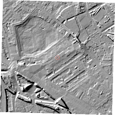 Shaded relief map of the ground around SE85HZ, computed from Environment Agency LiDAR. The ground here sits at about 3 m above sea level and falls 10 m across the surrounding 800 m. Surface water reaching this point runs off ground lying to the east, 0.6 m higher.