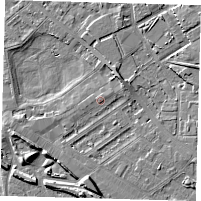 Shaded relief map of the ground around SE85JA, computed from Environment Agency LiDAR. The ground here sits at about 4 m above sea level and falls 10 m across the surrounding 800 m. Surface water reaching this point runs off ground lying to the north-east, 2.5 m higher.