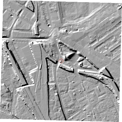 Shaded relief map of the ground around SE85JE, computed from Environment Agency LiDAR. The ground here sits at about 3 m above sea level and falls 10 m across the surrounding 800 m. Surface water reaching this point runs off ground lying to the east-south-east, 8.3 m higher.