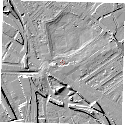 Shaded relief map of the ground around SE85JF, computed from Environment Agency LiDAR. The ground here sits at about 2 m above sea level and falls 11 m across the surrounding 800 m. Surface water reaching this point runs off ground lying to the south-west, 7.0 m higher.