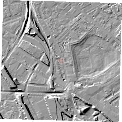 Shaded relief map of the ground around SE85JG, computed from Environment Agency LiDAR. The ground here sits at about 1 m above sea level and falls 11 m across the surrounding 800 m. Surface water reaching this point runs off ground lying to the south-south-west, 6.4 m higher.
