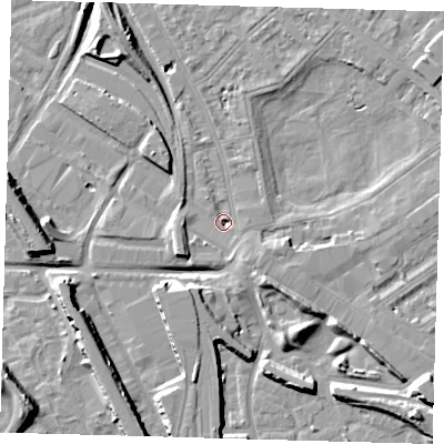 Shaded relief map of the ground around SE85JL, computed from Environment Agency LiDAR. The ground here sits at about 2 m above sea level and falls 14 m across the surrounding 800 m. Surface water reaching this point runs off ground lying to the south-west, 6.4 m higher.