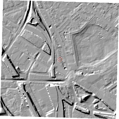 Shaded relief map of the ground around SE85JN, computed from Environment Agency LiDAR. The ground here sits at about 2 m above sea level and falls 15 m across the surrounding 800 m. Surface water reaching this point runs off ground lying to the south-west, 3.4 m higher.