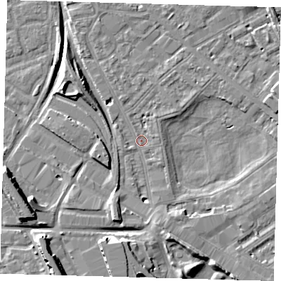 Shaded relief map of the ground around SE85JQ, computed from Environment Agency LiDAR. The ground here sits at about 1 m above sea level and falls 11 m across the surrounding 800 m. Surface water reaching this point runs off ground lying to the south-south-west, 6.4 m higher.