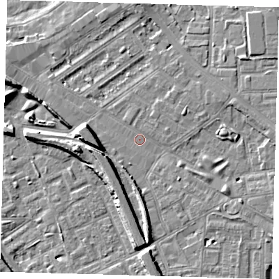 Shaded relief map of the ground around SE85JT, computed from Environment Agency LiDAR. The ground here sits at about 4 m above sea level and falls 10 m across the surrounding 800 m. Surface water reaching this point runs off ground lying to the west, 7.4 m higher.