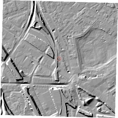 Shaded relief map of the ground around SE85JW, computed from Environment Agency LiDAR. The ground here sits at about 2 m above sea level and falls 15 m across the surrounding 800 m. Surface water reaching this point runs off ground lying to the south-south-west, 3.6 m higher.