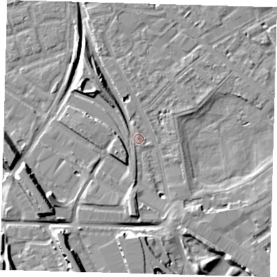 Shaded relief map of the ground around SE85JX, computed from Environment Agency LiDAR. The ground here sits at about 2 m above sea level and falls 11 m across the surrounding 800 m. Surface water reaching this point runs off ground lying to the south, 6.4 m higher.