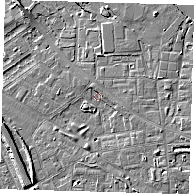 Shaded relief map of the ground around SE85LU, computed from Environment Agency LiDAR. The ground here sits at about 4 m above sea level and falls 8 m across the surrounding 800 m. Surface water reaching this point runs off ground lying to the east-south-east, 3.1 m higher.